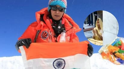 Indian Mountaineer and Mount Everest climber Santosh Yadav offers prayers at Shri Mahakaleshwar