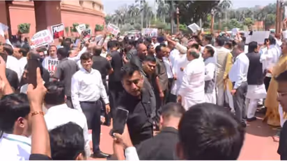 parliament clash nda india block mps makar dwar protest neet paper leak rahul gandhi sambit patra