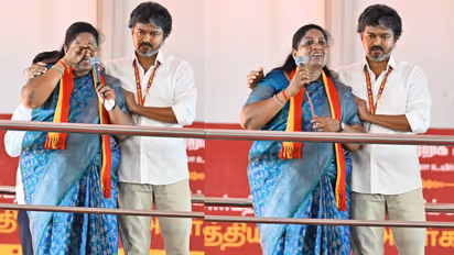 TVK Candidate P Sathyabama Breaks Down During Dharapuram Rally CM Vijay Offers Support