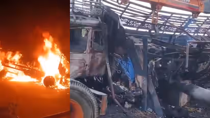Telangana Truck Fire Video Lorry Carrying 200 Goats Hits Pole Catches Fire Driver And All Animals Killed