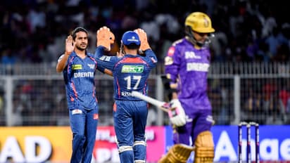 Lucknow Super Giants' Digvesh Rathi and captain Rishabh Pant celebrate the dimsissal of Kolkata Knight Riders' Sunil Narine