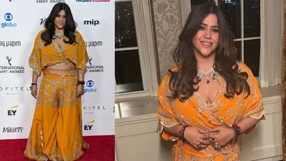 emmy awards 2023 ektaa kapoor walks the red carpet in a yellow ethnic