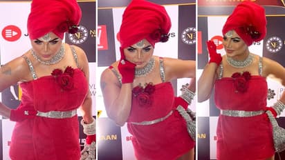 Rakhi Sawant In Red Towel Dress