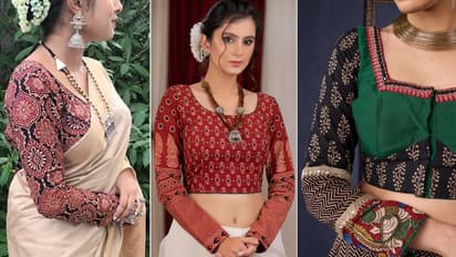 Full Sleeve Ajrakh blouse Designs For Office Party 2024