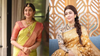 Pranita Subhash contrast saree blouses