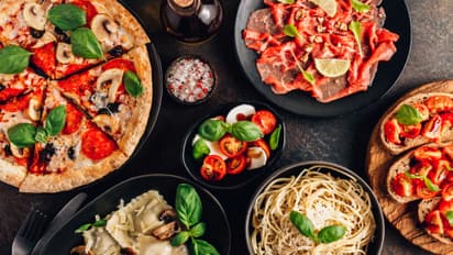 Italian meals spread on a table.