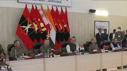 Rajnath Singh, CDS General Anil Chauhan attend Army Commanders Conference in Jaisalmer (Photo: ANI)