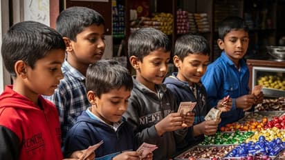 Five Indian boys buying chocolates in a shop