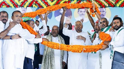 Bihar Chief Minister Nitish Kumar garlanded during 'worker dialogue program' in Nalanda on Sunday.