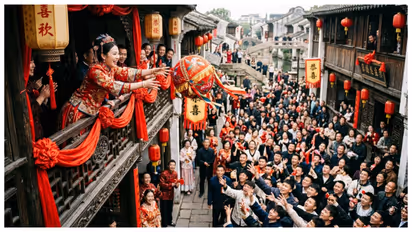 Bride throwing embroidered ball to people