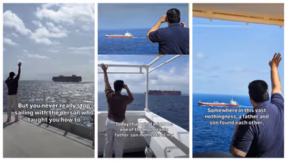 father and son sailors meet middle of ocean