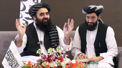 Afghanistan FM Amir Khan Muttaqi addresses a press conference in New Delhi