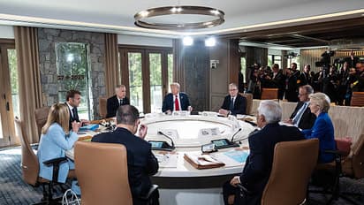 G7 leaders attend a meeting at the G7 summit in Kananaskis, Alberta, Canada