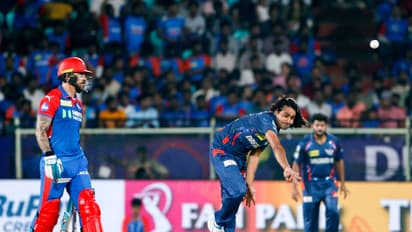 Lucknow Super Giants' Digvesh Rathi bowls during the match against Delhi Capitals'