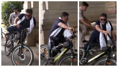 DK shivakumar falls off cycle at vidhana soudha in bengaluru