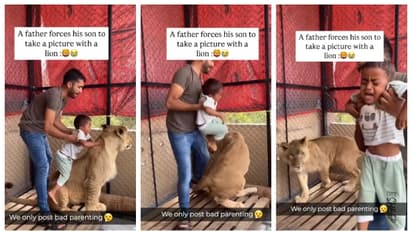 Father forces his feared son to pose with caged Lion 