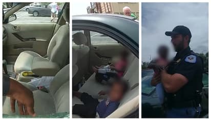Georgia police break car window to rescue children left in hot car by father
