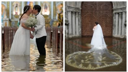 Bride and groom marry in knee deep wather