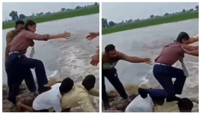 Road wash away in heavy rains in punjab villages help childeren to cross
