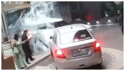 car lost control and crashed into the hotel lobby