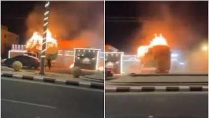 truck catches fire in petrol pump