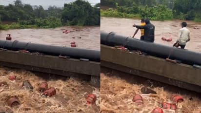 Viral Video: 3,000 LPG Cylinders Washed Away After Floods Hit HPCL Facility in Raigad (WATCH)