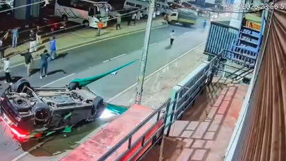 Terrifying CCTV Footage Shows Speeding Car Flips After Hitting Pole In Kerala, Video Goes Viral (WATCH)