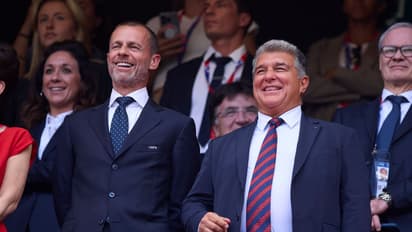 FC Barcelona President Joan Laporta and UEFA's Aleksander Ceferin 