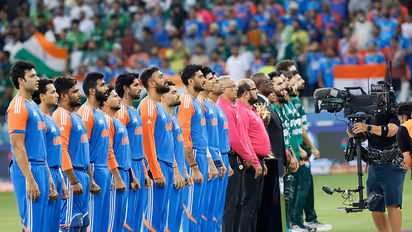 India and Pakistan stand at national anthem during the Asia Cup Final in Dubai.