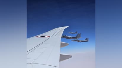 F15s of the Royal Saudi Air Force in the Saudi Arabia’s airspace in Jeddah escort PM Modi's aircraft (Image/ANI)