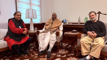 Shashi Tharoor with Maliikarjun Kharge and Rahul Gandhi