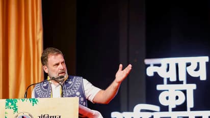 Lok Sabha LoP Rahul Gandhi speaks during Adivasi Adhikar Samvidhan Sammelan