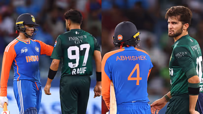 Abhishek Sharma with Haris Rauf and Shaheen Afridi