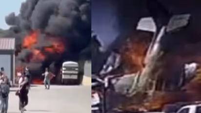 plane crashes into 18-wheeler in fiery explosion