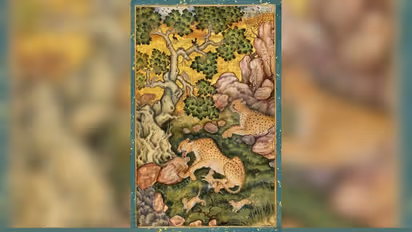 Basawans painting, A Family of Cheetahs in a Rocky Landscape