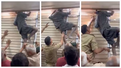 thief getting his head stuck between shutter and wall