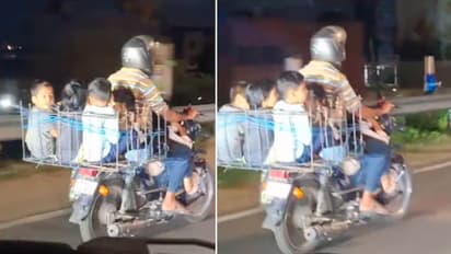 Karnataka Man Rides Bike With 5 Children Packed Into Metal Basket, Viral Video Sparks Outrage (WATCH)