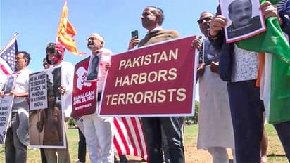 Members of the Indian diaspora hold a peaceful demonstration in memory of the Pahalgam terror attack victims in Washington, DC
