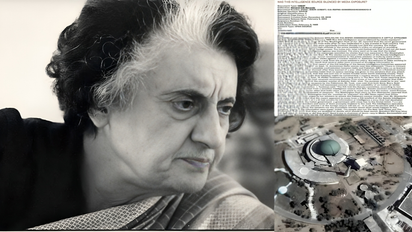Collage of Indira Gandhi, CIA file, and Kahuta nuclear site