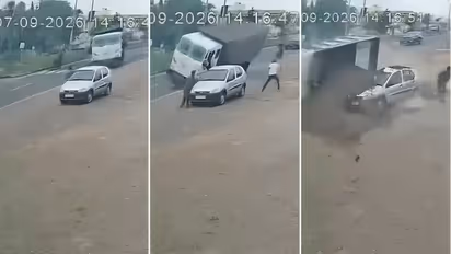 Viral Miraculous Escape Video 2 Run For Life as Speeding Sand Dumper Overturns on Gujarat Highway After Avoiding Biker