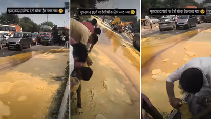 Moradabad Ghee Spill Video Locals Rush To Collect Ghee on Delhi Lucknow Highway After Tanker Crash