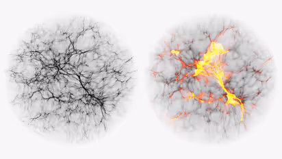 (Left) The black-and-white image depicts dark matter distributed across space, with denser clumps appearing in the darker regions. (Right) The colored image shows the matching temperature map of the surrounding gas.