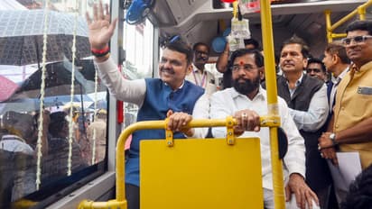 Maharashtra Chief Minister Devendra Fadnavis and Deputy Chief Minister Eknath Shinde at the launch of BEST’s eco-friendly air-conditioned electric buses