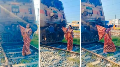 Woman Ties Saree Pallu To Stationary Train, Dances On Railway Tracks For Reel; Viral Video Sparks Outrage (WATCH)