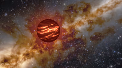 This artist’s illustration shows a brown dwarf that hosts an atmosphere filled with gas and dust clouds