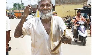 ಪಿಂಚಣಿಗಾಗಿ ಕೊರಳಲ್ಲಿ ಹಾವು ಸುತ್ತಿಕೊಂಡು ಪ್ರತಿಭಟನೆ