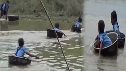 ജീവന് പണയം വച്ച് അലുമിനിയം പാത്രത്തില് പുഴ കടക്കുന്ന വിദ്യാര്ത്ഥികള്