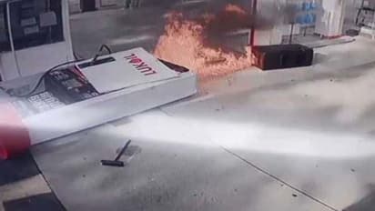 ഇന്ധനം നിറക്കുന്നതിനിടയില് കാര് മുന്നോട്ട് എടുത്തു; പമ്പിന് തീപിടിച്ചു - വീഡിയോ