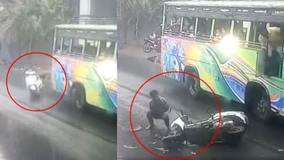 ബസിലിടിച്ച് സ്കൂട്ടര് യാത്രികന് വീണത് ടിപ്പറിനു മുന്നില്;ഞെട്ടിക്കുന്ന വീഡിയോ