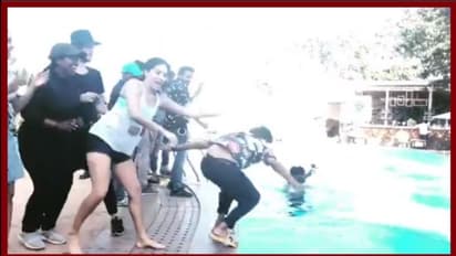 മലയാള സിനിമയുടെ സെറ്റ്; സണ്ണിയെ കുളത്തില് തള്ളിയിട്ടു- വീഡിയോ